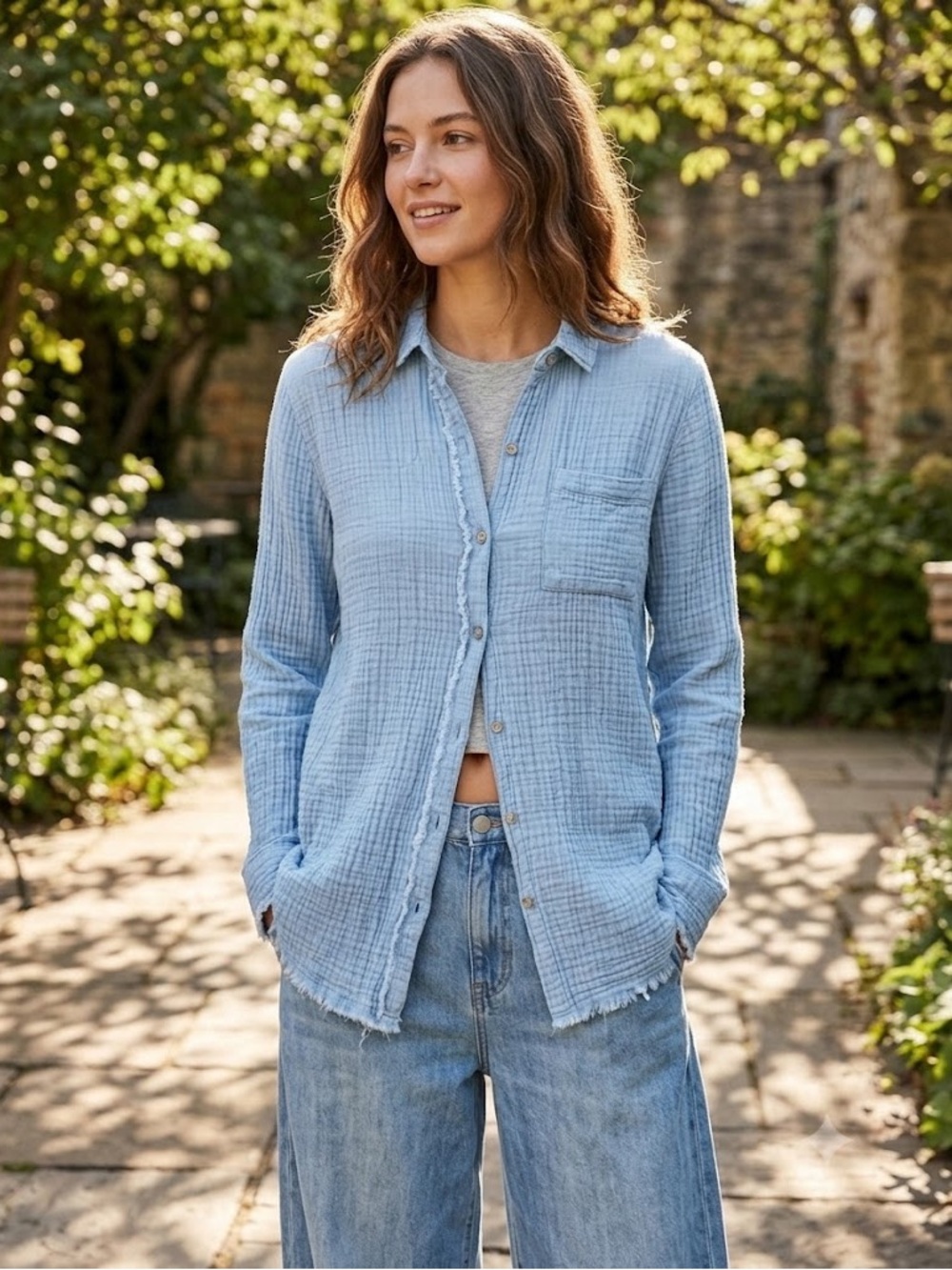 Natural Reflections Gauze Cotton Button-Up Shirt Long Sleeve Light Blue Size S